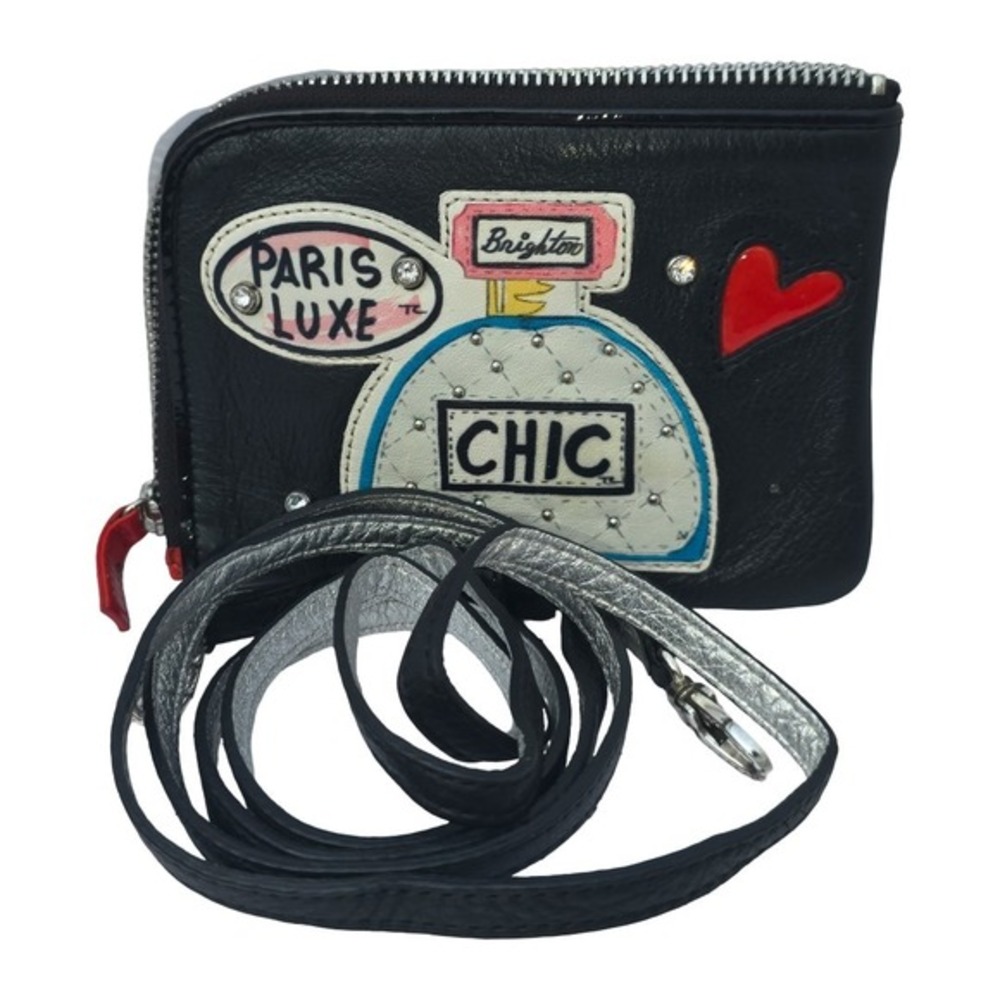 Brighton Wristlet Wallet Black Leather Zip Closure Perfume‎ Applique - Picture 9 of 9